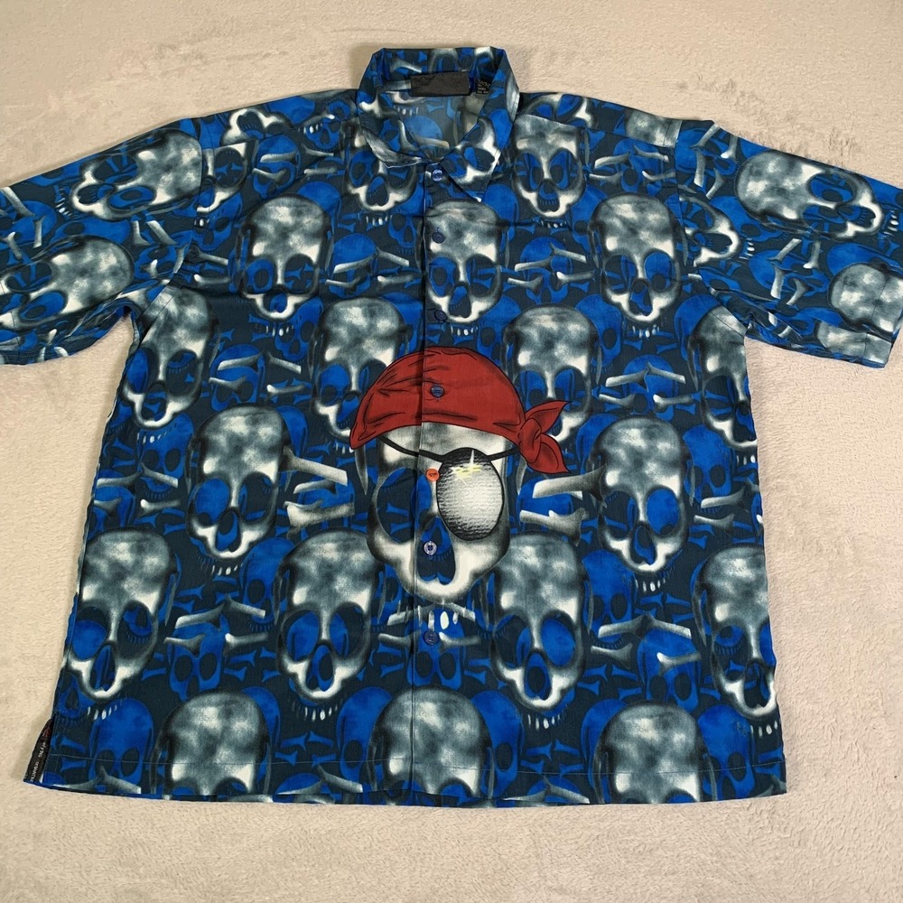 Y2K DCC Shirt Mens Large Blue Skull Pirate Crossbones Edgy Grunge Goth Punk